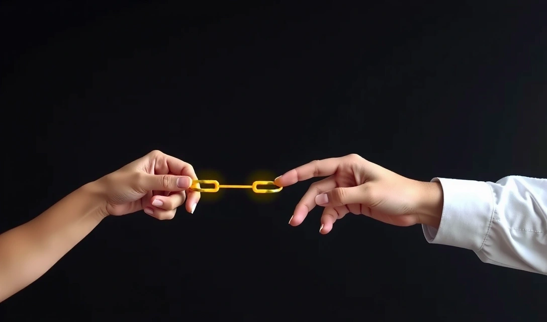 Ruce propojující digitální linky, symbolizující budování zpětných odkazů