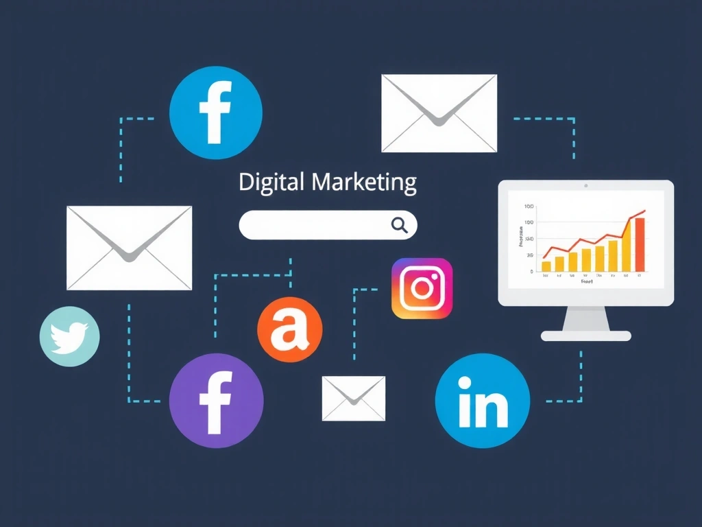 Vizualizace digitálního marketingu s ikonami sociálních médií a e-mailu