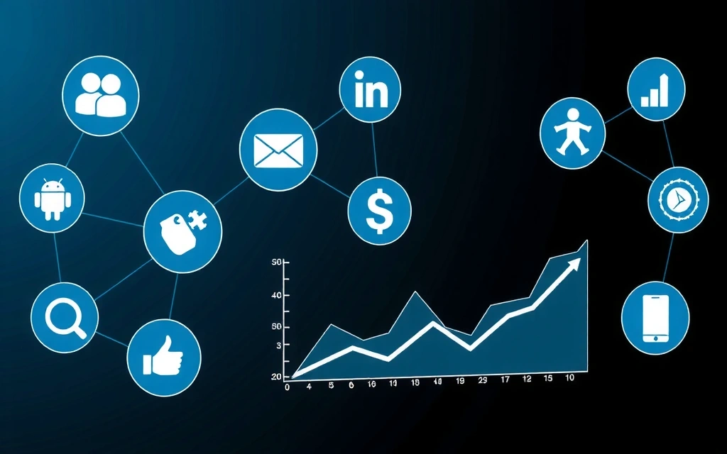 Digitální grafy a ikony představující transformaci a automatizaci marketingu.