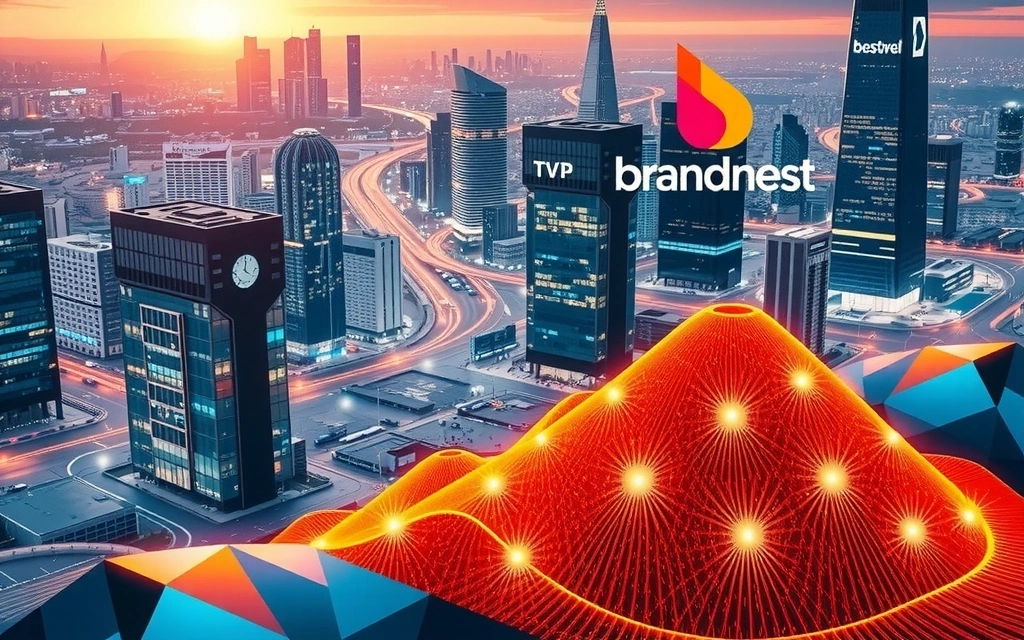 Futuristické digitální město s logem brandnest, symbolizující růst a budoucí úspěch.