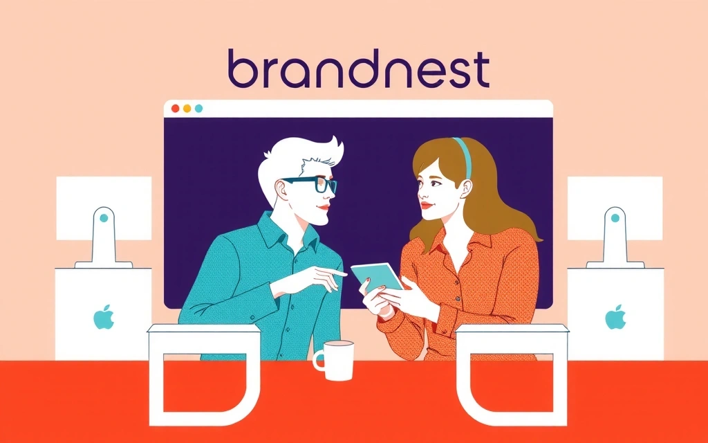 Ilustrace založení brandnestu, dva lidé pracují u počítače s digitálními grafy.