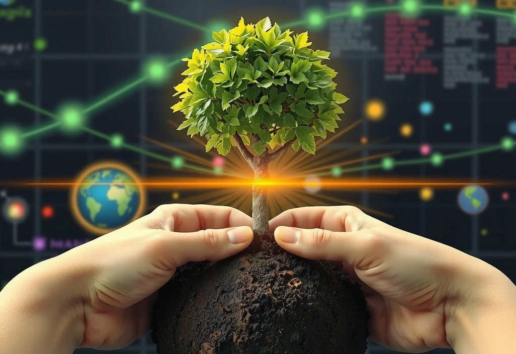 Ilustrace rukou, které sází strom v digitálním prostředí, symbolizující udržitelnost.