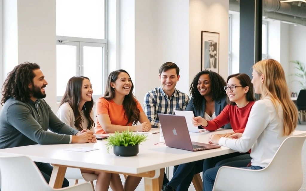 Tým brandnestu, skupina lidí se směje a diskutuje u stolu v moderní kanceláři.